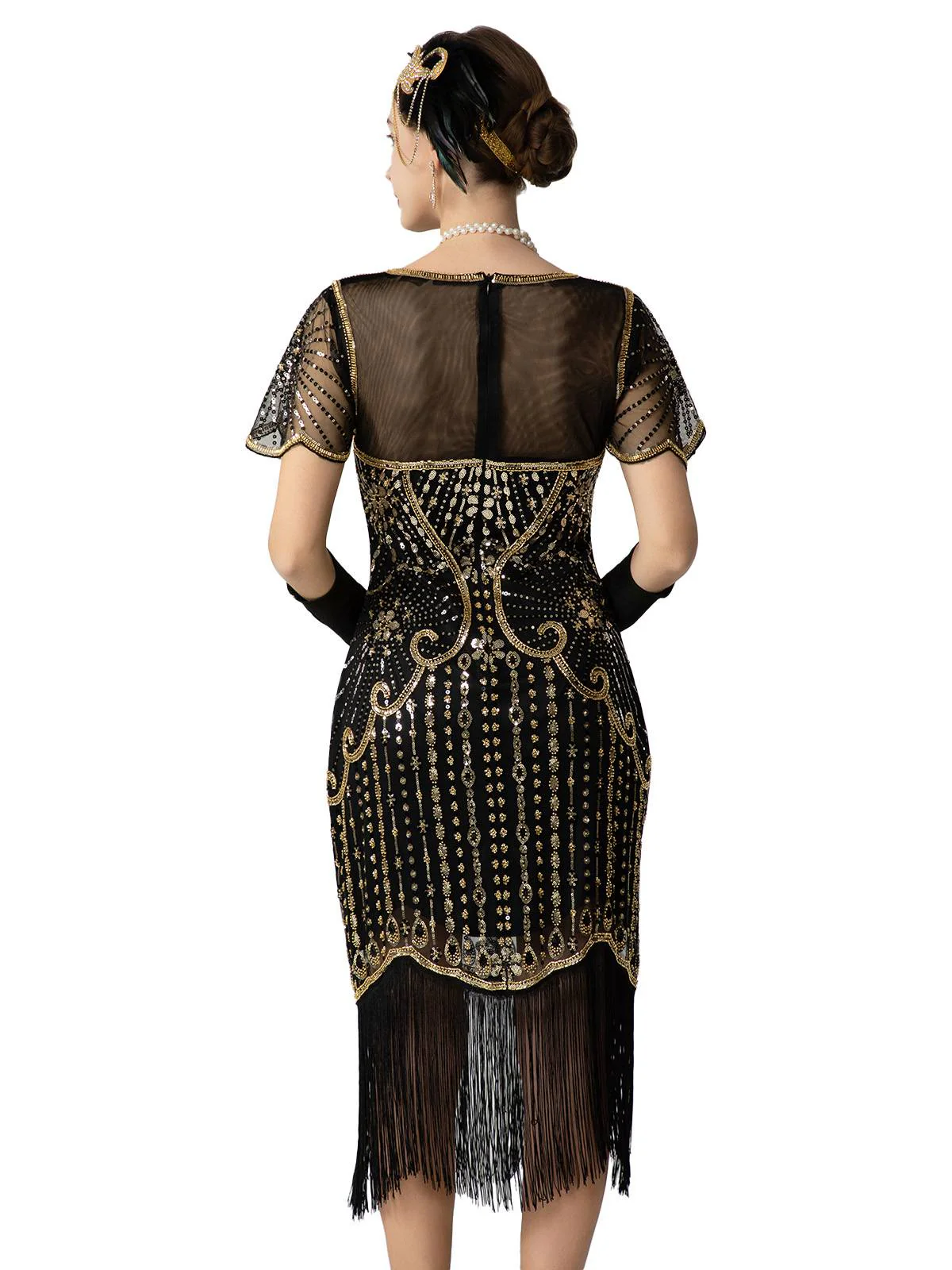 Schwarz & Gold 1920er Pailletten Perlen Fransen Charleston Kleid - Image 3