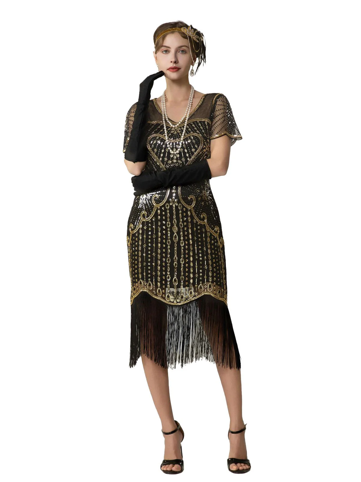 Schwarz & Gold 1920er Pailletten Perlen Fransen Charleston Kleid - Image 4