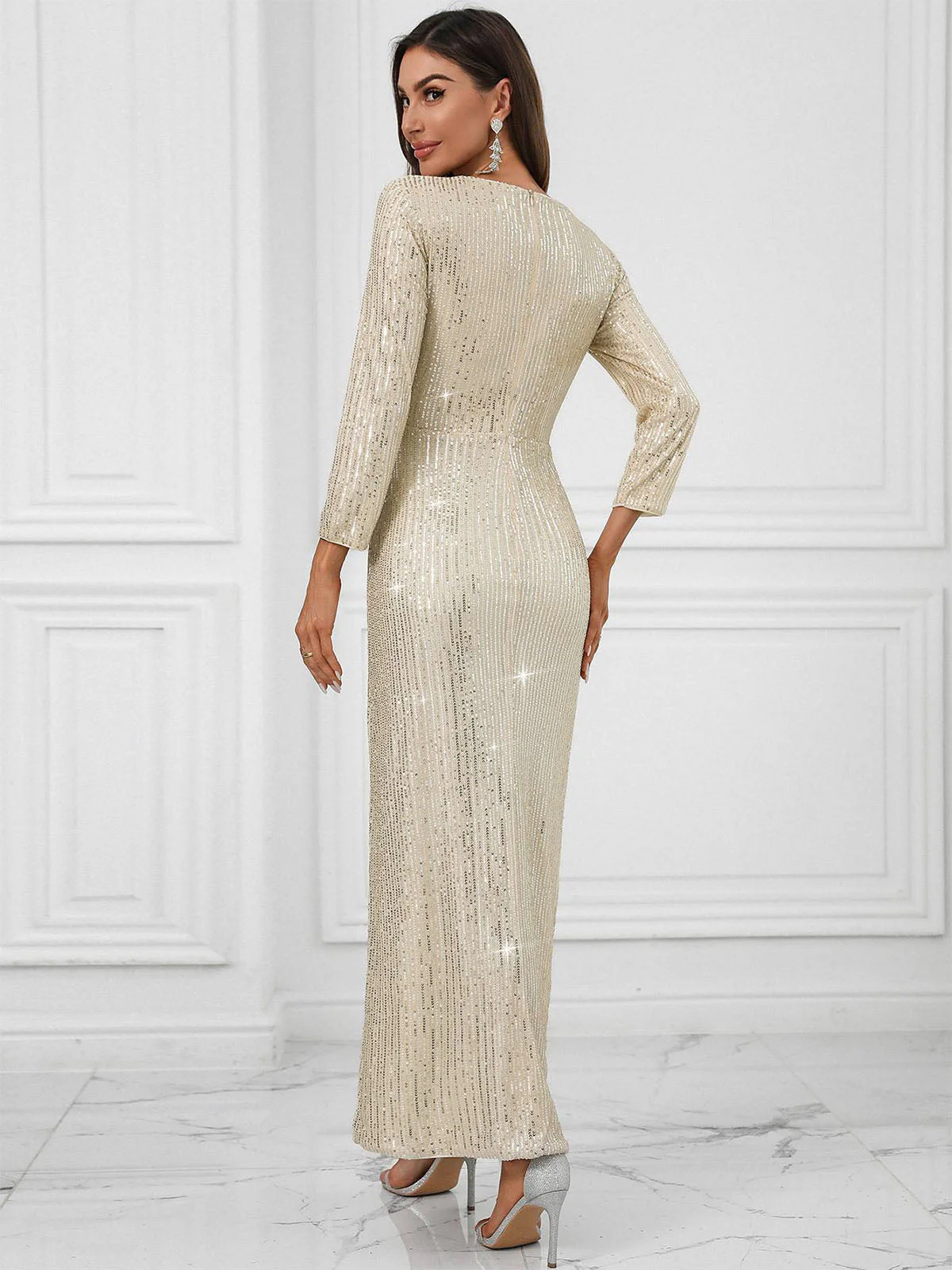 Beige 1920er V-Ausschnitt Pailletten Schlitz Kleid - Image 6