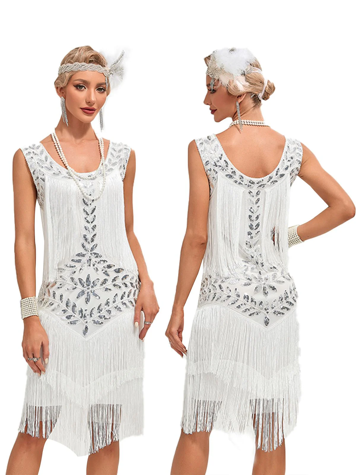 Beige 1920er V-Ausschnitt Paillettenbesetztes Mesh kleid - Image 4
