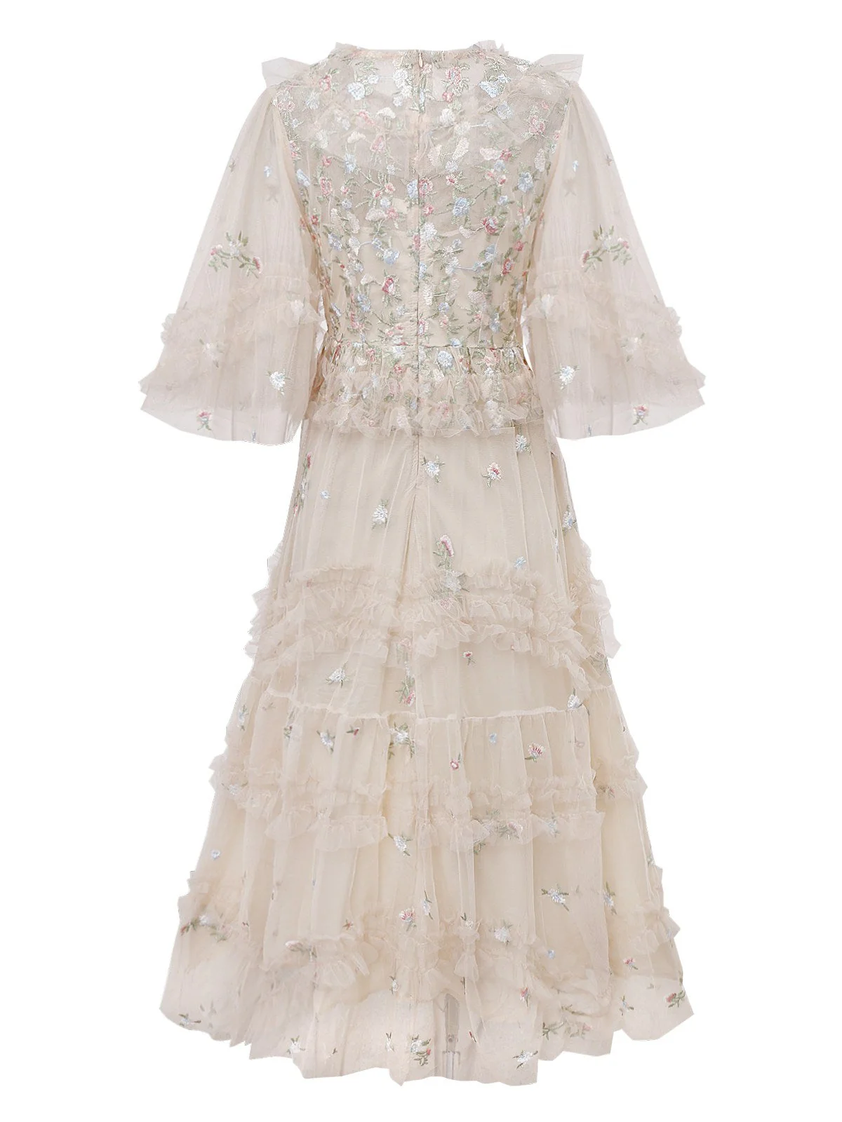 Beige 1930er Blumen Stickerei Illusion Netz Rüschen Kleid - Image 3