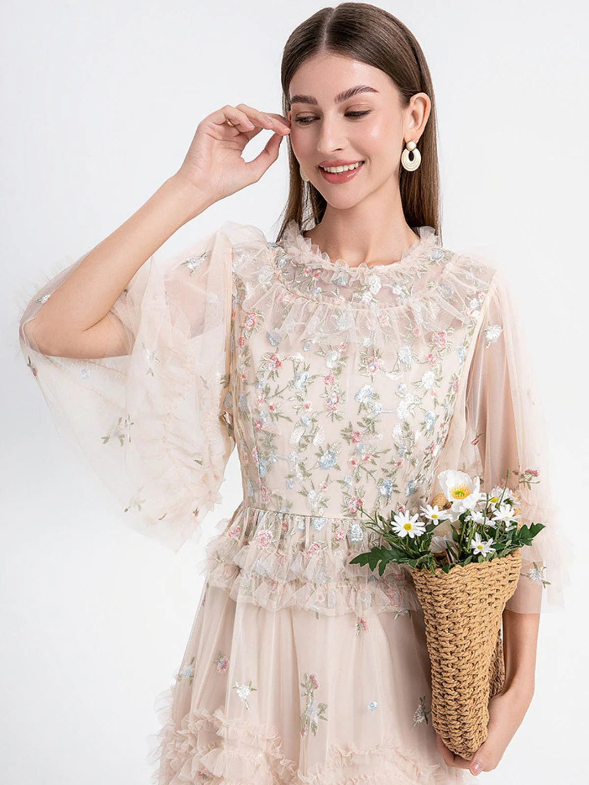 Beige 1930er Blumen Stickerei Illusion Netz Rüschen Kleid - Image 4