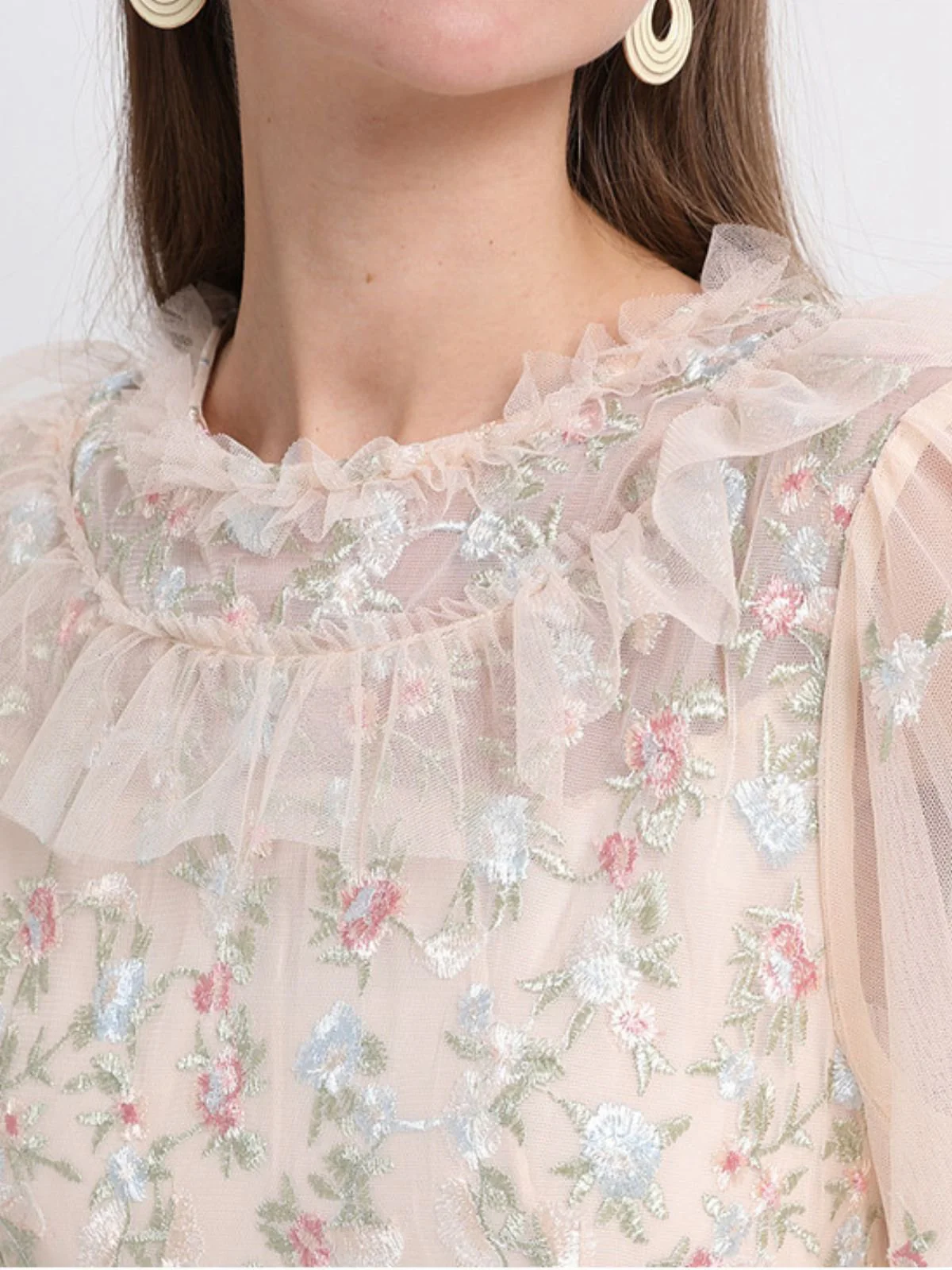 Beige 1930er Blumen Stickerei Illusion Netz Rüschen Kleid - Image 7