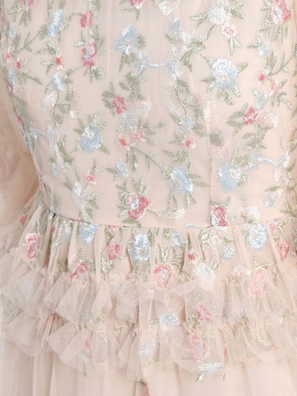Beige 1930er Blumen Stickerei Illusion Netz Rüschen Kleid - Image 8