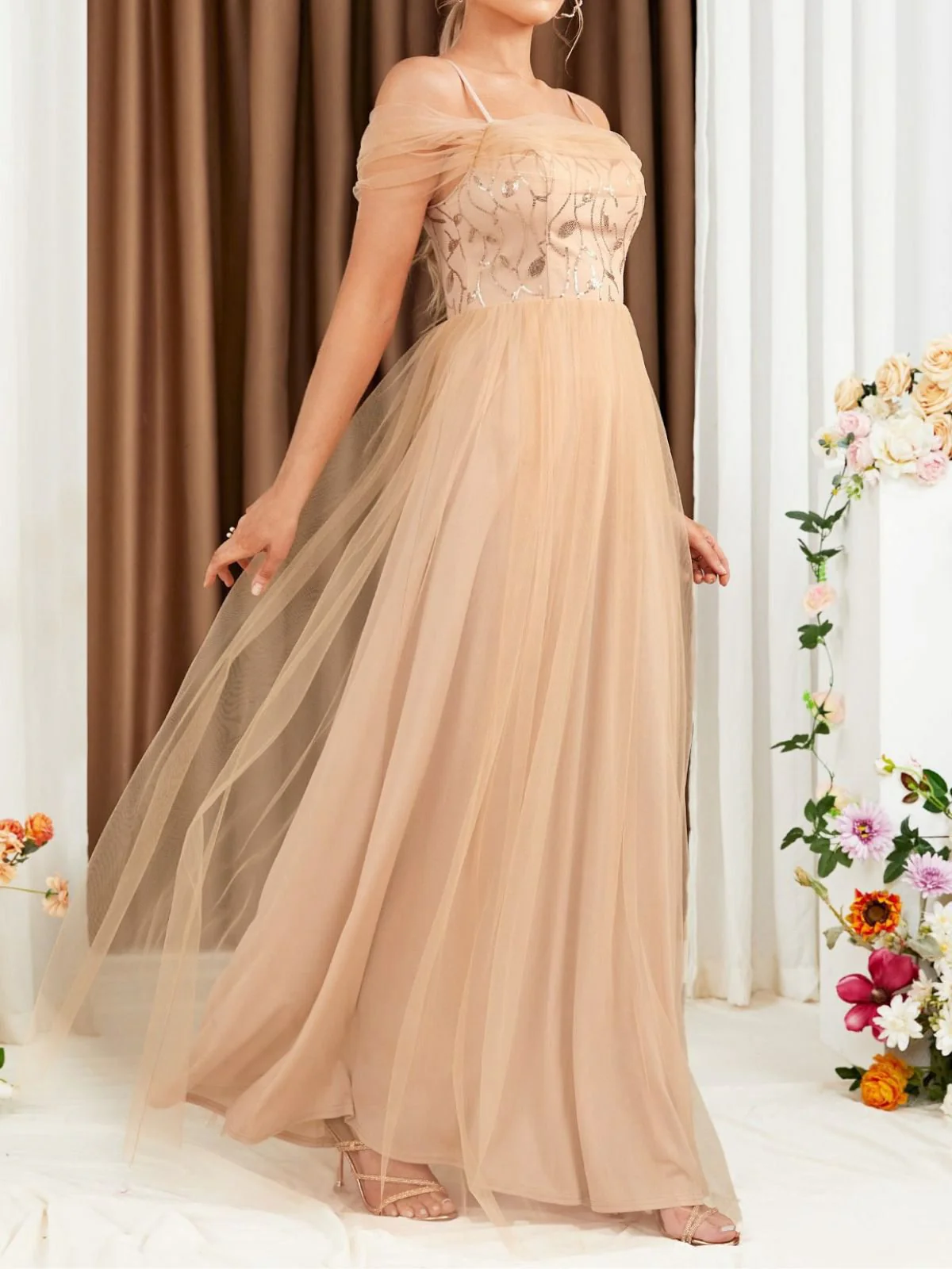 Beige 1930er Pailletten Netz Patchwork Kalte Schulter Kleid - Image 2