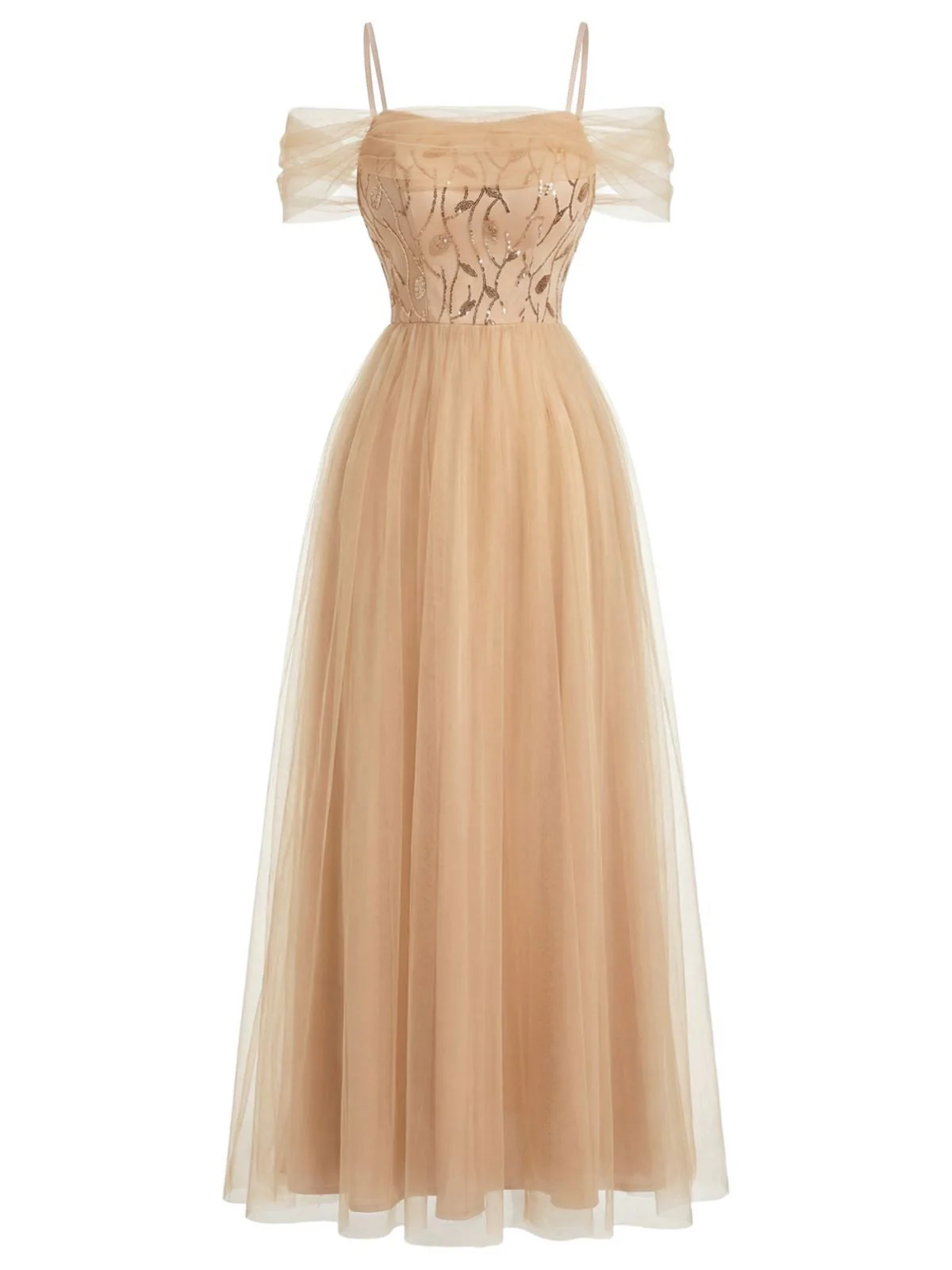Beige 1930er Pailletten Netz Patchwork Kalte Schulter Kleid - Image 3