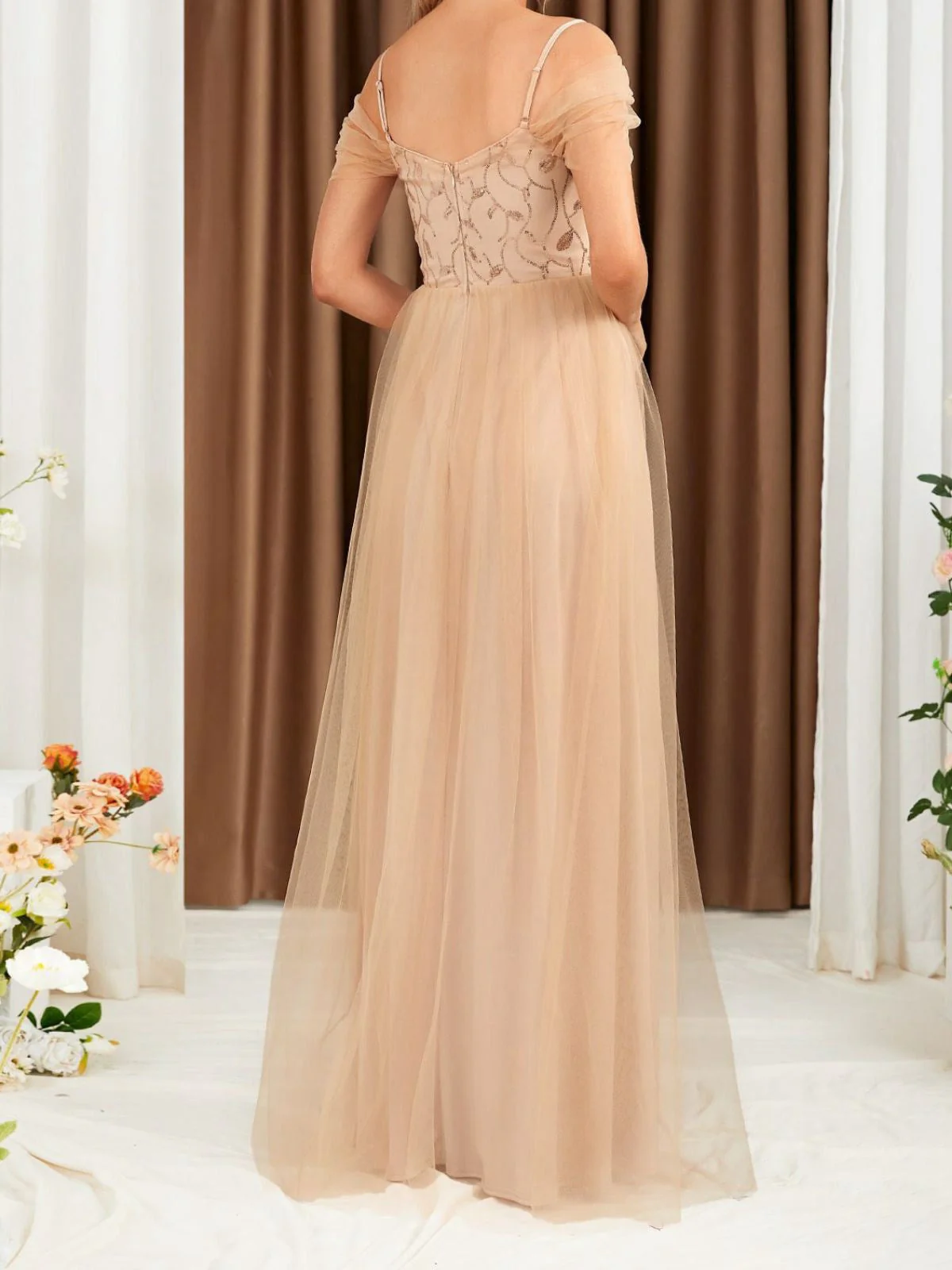 Beige 1930er Pailletten Netz Patchwork Kalte Schulter Kleid - Image 4