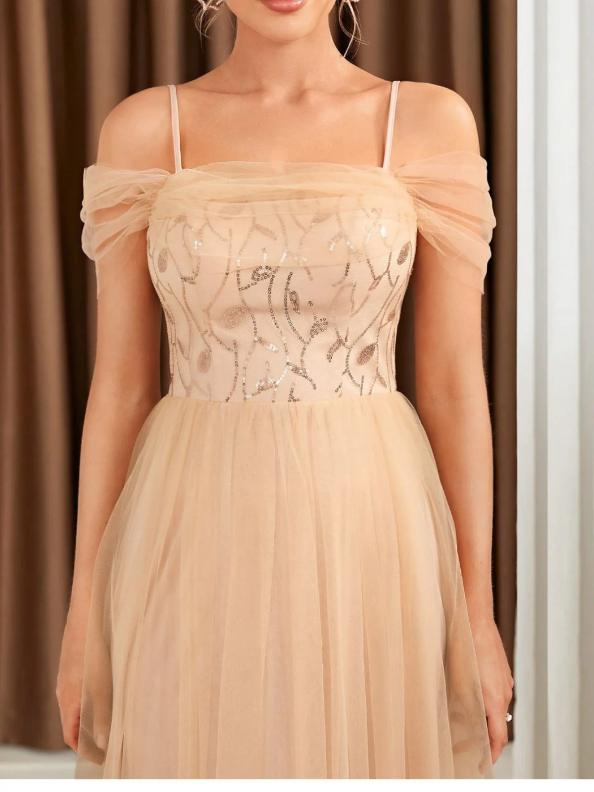 Beige 1930er Pailletten Netz Patchwork Kalte Schulter Kleid - Image 5