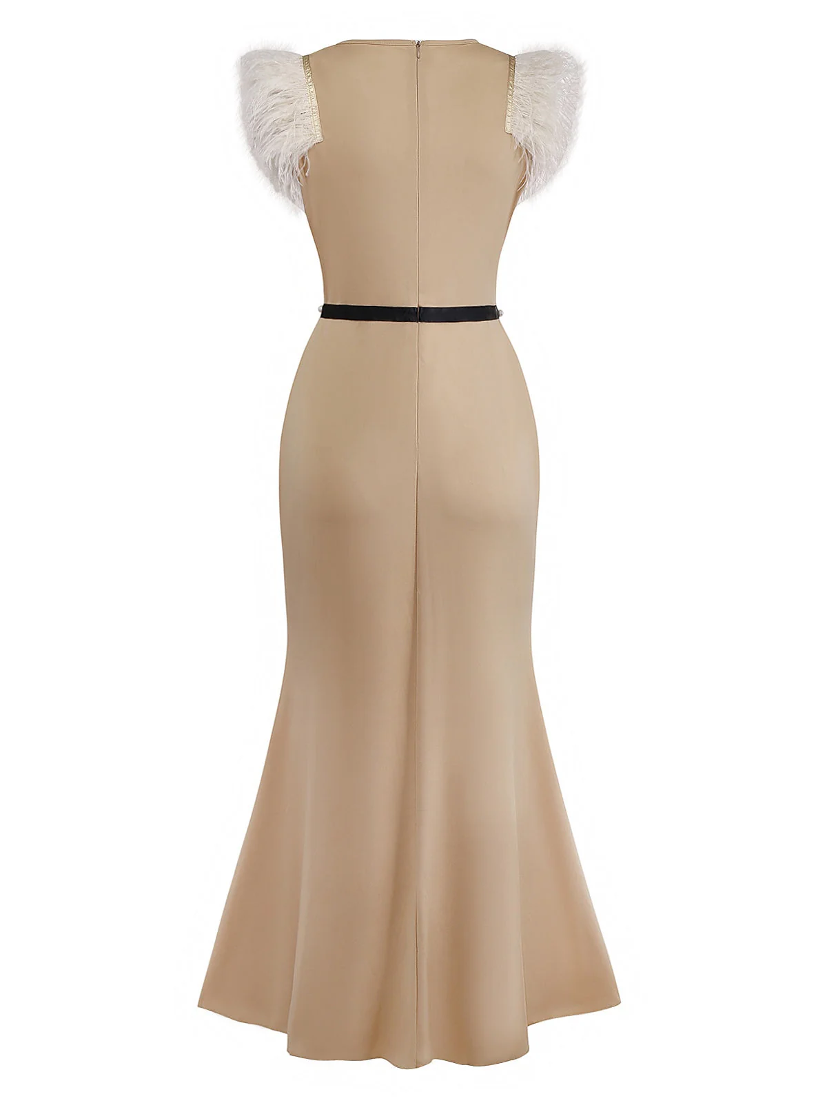Beige 1930er Perlenbesetzt & Feder Patchwork Meerjungfrauen Kleid - Image 2
