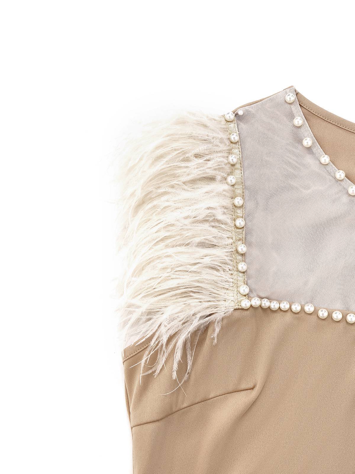 Beige 1930er Perlenbesetzt & Feder Patchwork Meerjungfrauen Kleid - Image 4