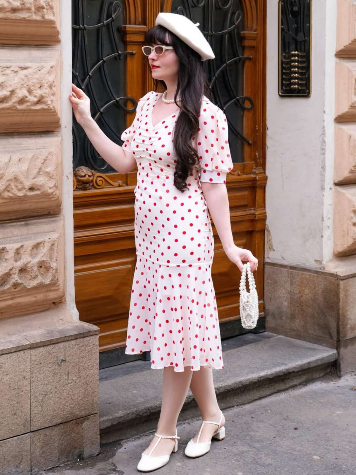 Beige 1930er Polka Dot Meerjungfrauenkleid - Image 2