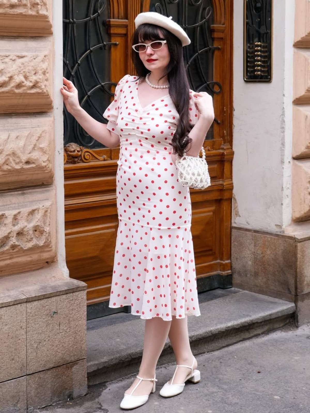 Beige 1930er Polka Dot Meerjungfrauenkleid - Image 3