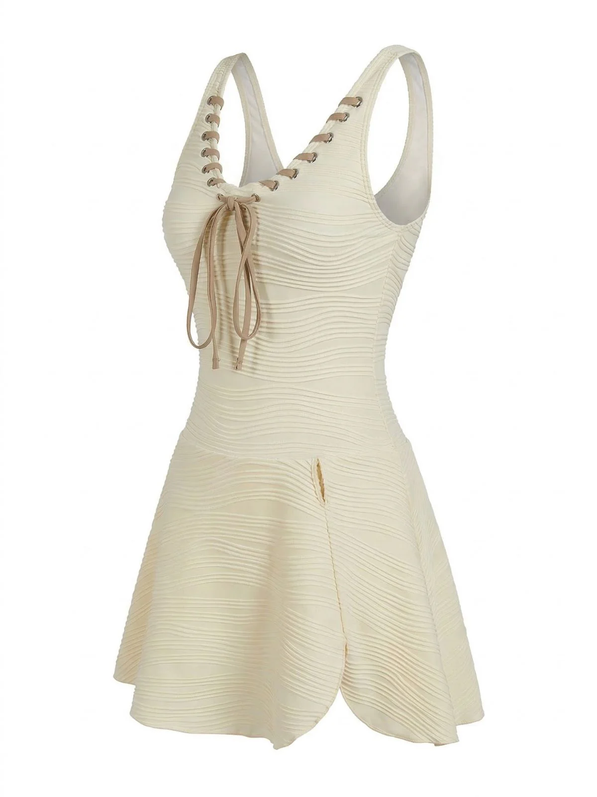 Beige 1930er Uni Schnürung Badekleid - Image 2