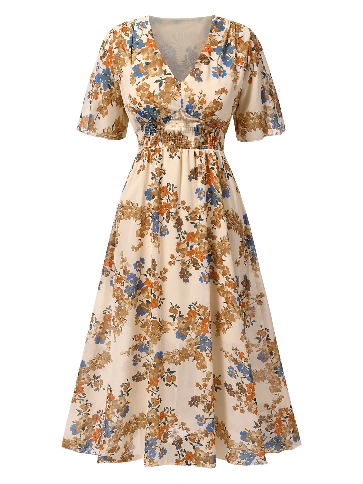 Beige 1930er V-Ausschnitt Blumen Elastischer Bund Kleid - Image 2