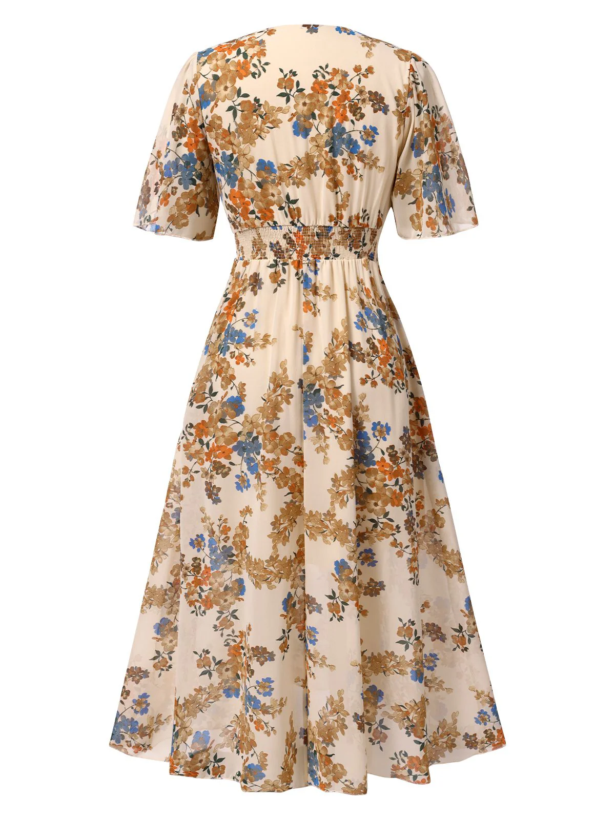 Beige 1930er V-Ausschnitt Blumen Elastischer Bund Kleid - Image 3