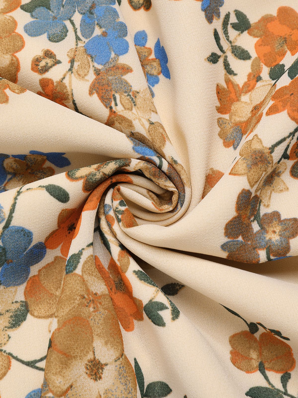 Beige 1930er V-Ausschnitt Blumen Elastischer Bund Kleid - Image 4