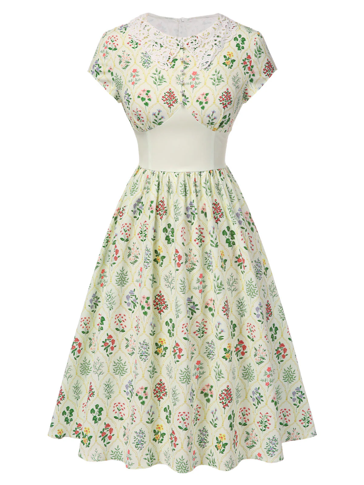 Beige 1940er Blumen Schnüren Stehkragen Flügelärmel Kleid - Image 3
