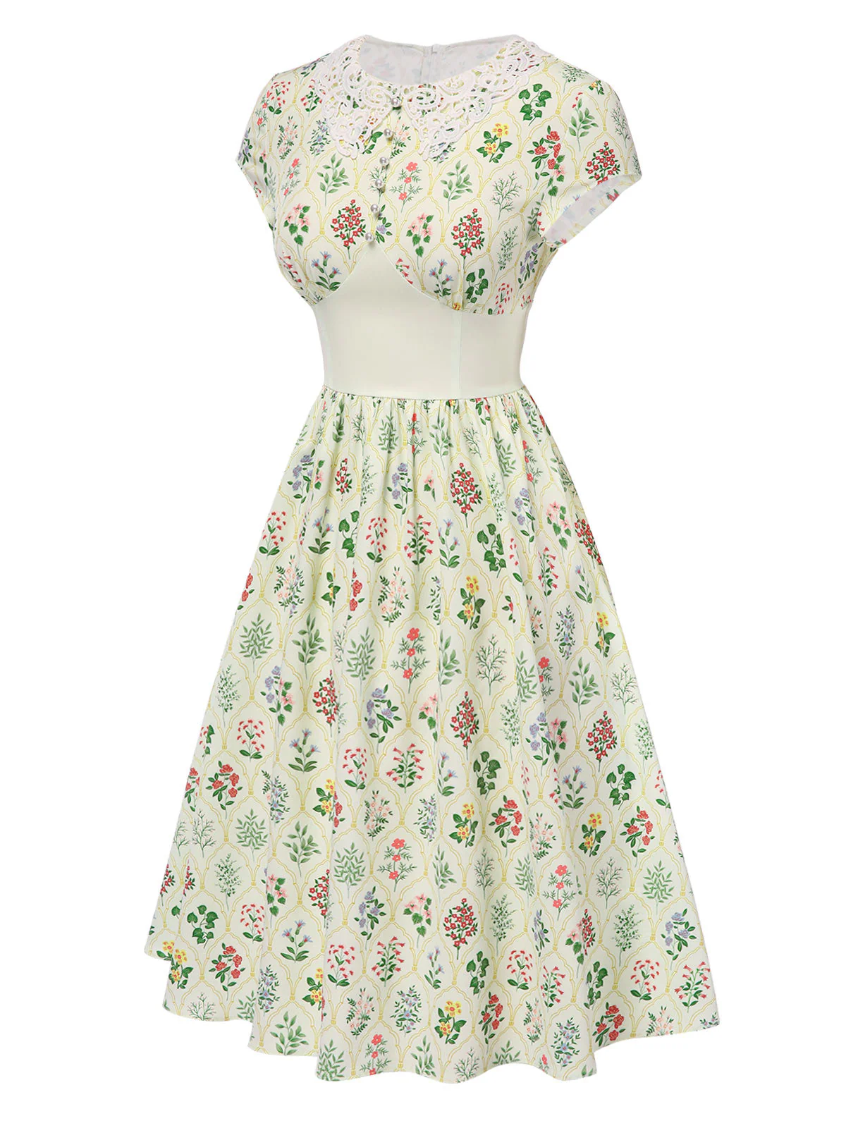 Beige 1940er Blumen Schnüren Stehkragen Flügelärmel Kleid - Image 4
