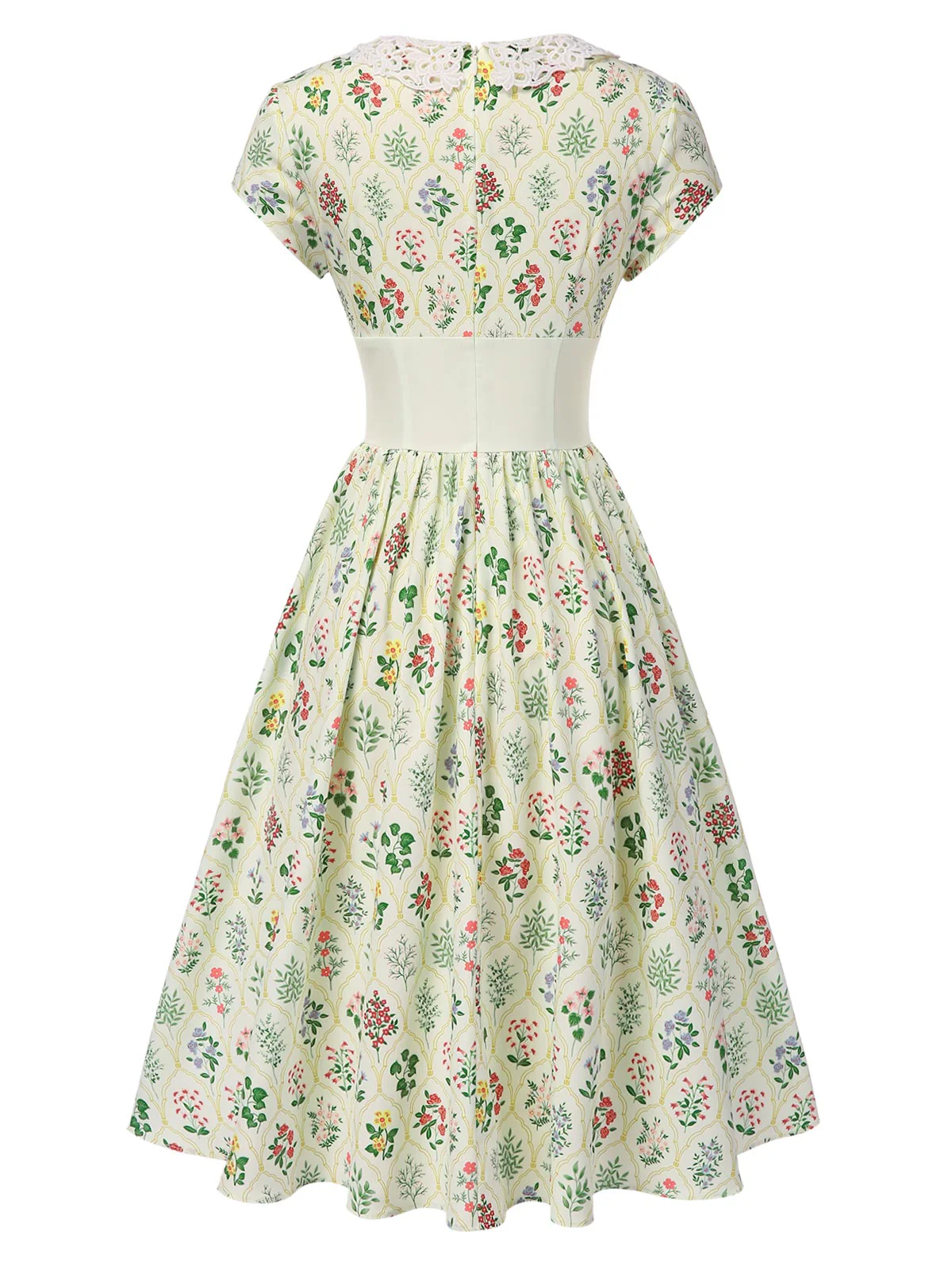Beige 1940er Blumen Schnüren Stehkragen Flügelärmel Kleid - Image 5