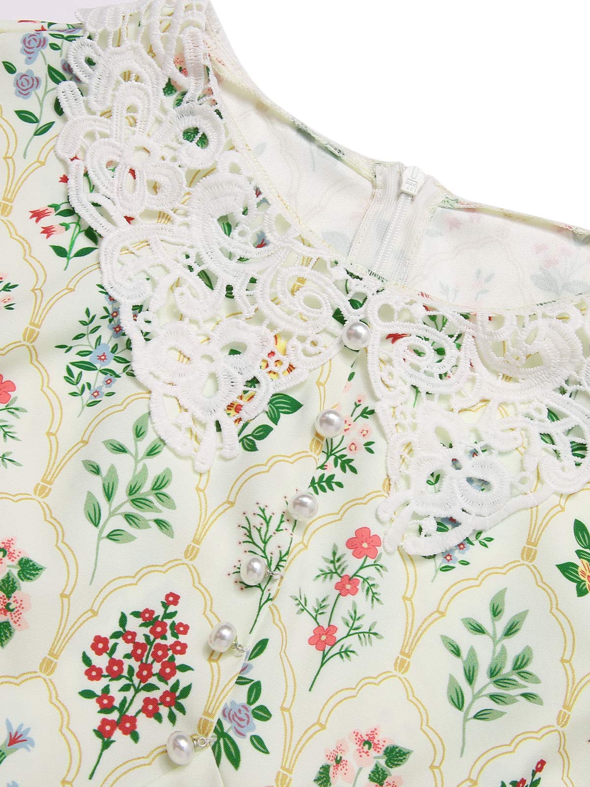 Beige 1940er Blumen Schnüren Stehkragen Flügelärmel Kleid - Image 6