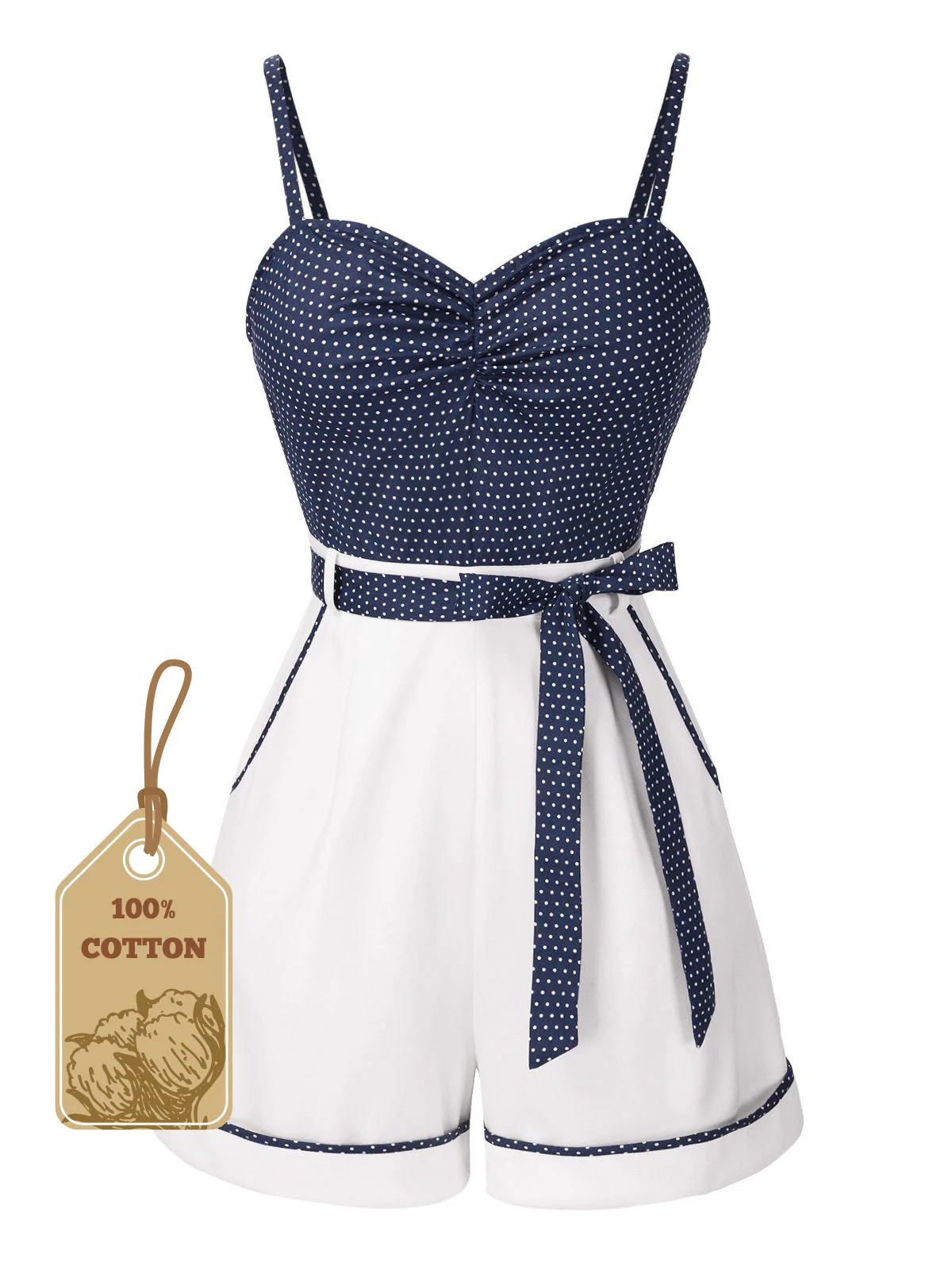 Rosa 1940er Polka Dot Patchwork Träger Romper - Image 3