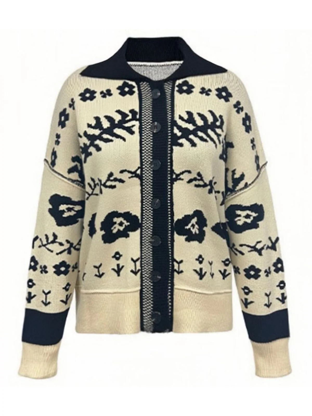 Beige 1940er Blumen Überschnittene Schulter Gestrickt Strickjacke - Image 2