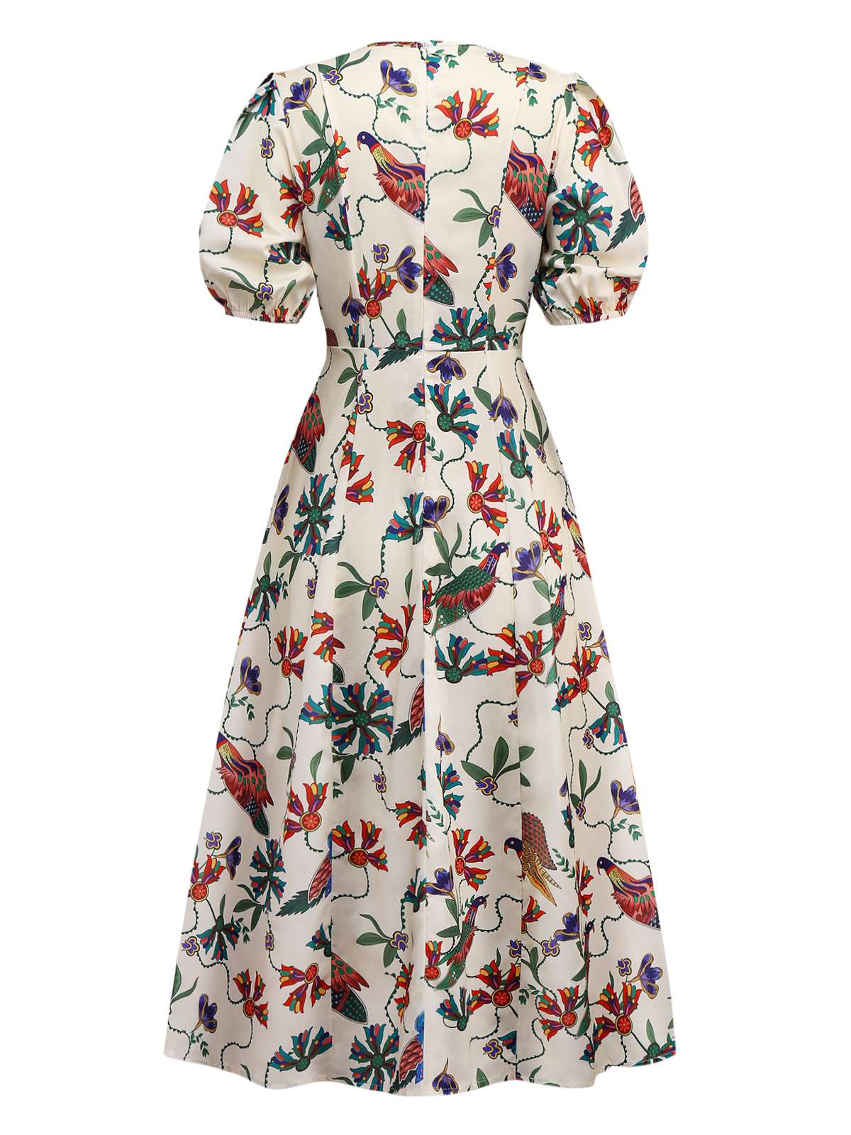Beige 1940er Blumen & Vögel Druck Puffärmel Kleid - Image 2