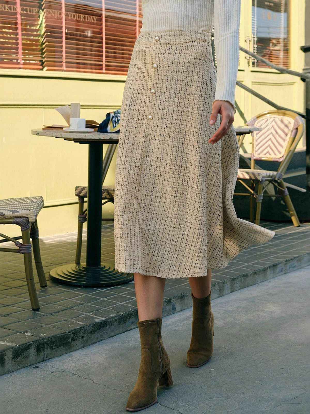 Beige 1940er Perle Taste Plaid Tweed A-Linie Rock - Image 2
