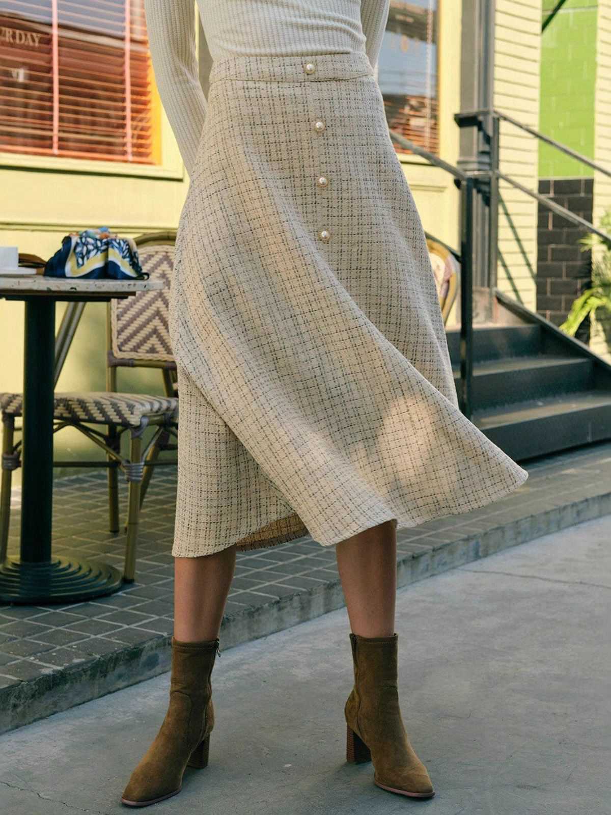 Beige 1940er Perle Taste Plaid Tweed A-Linie Rock - Image 3