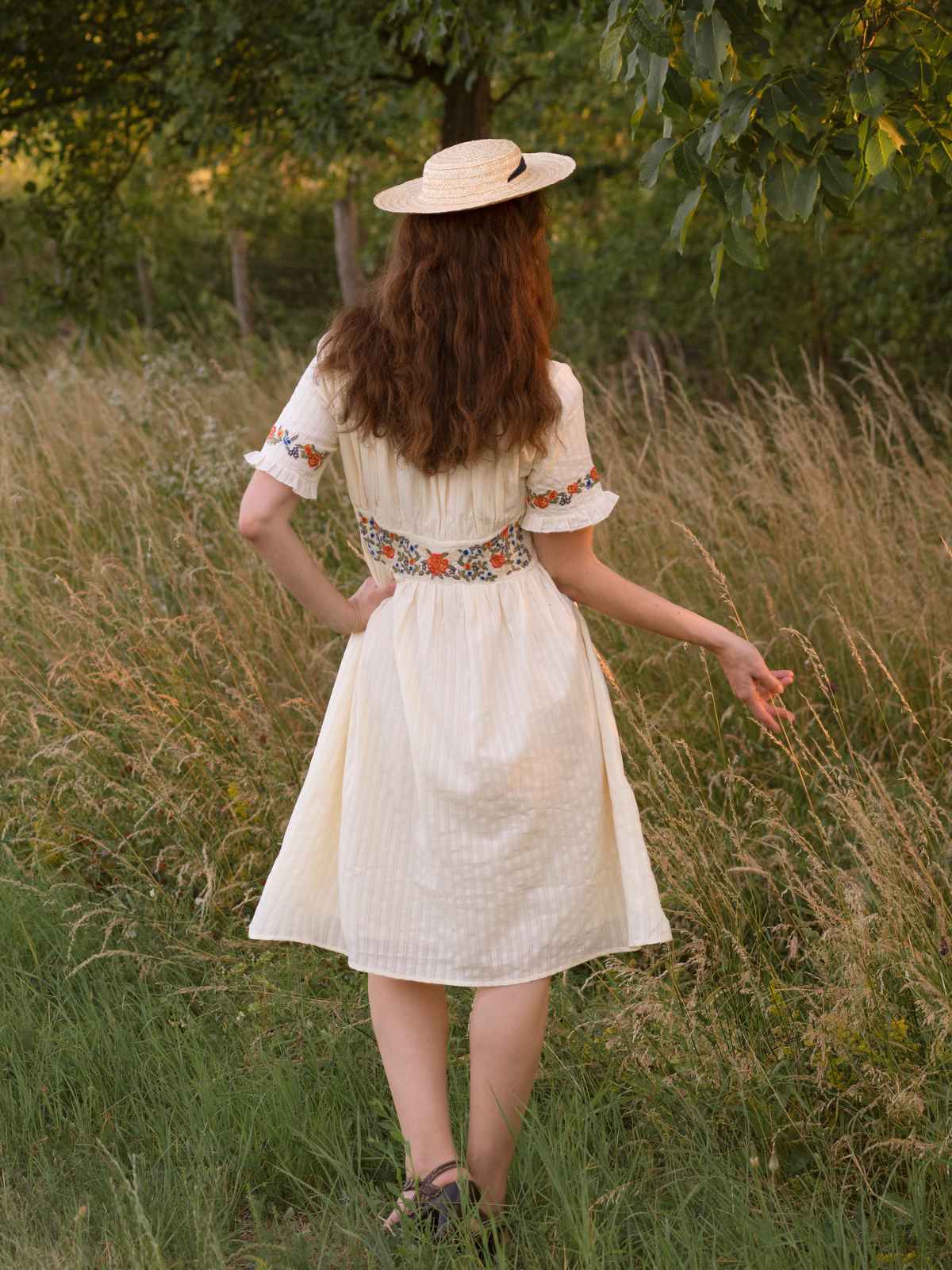 Beige 1940er V-Ausschnitt Knöpfen Blumen Kleid - Image 2
