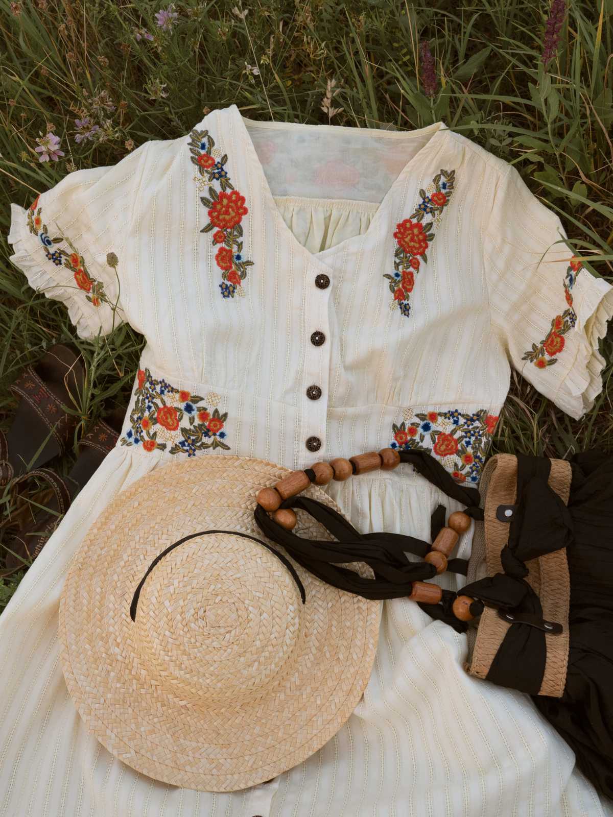 Beige 1940er V-Ausschnitt Knöpfen Blumen Kleid - Image 3