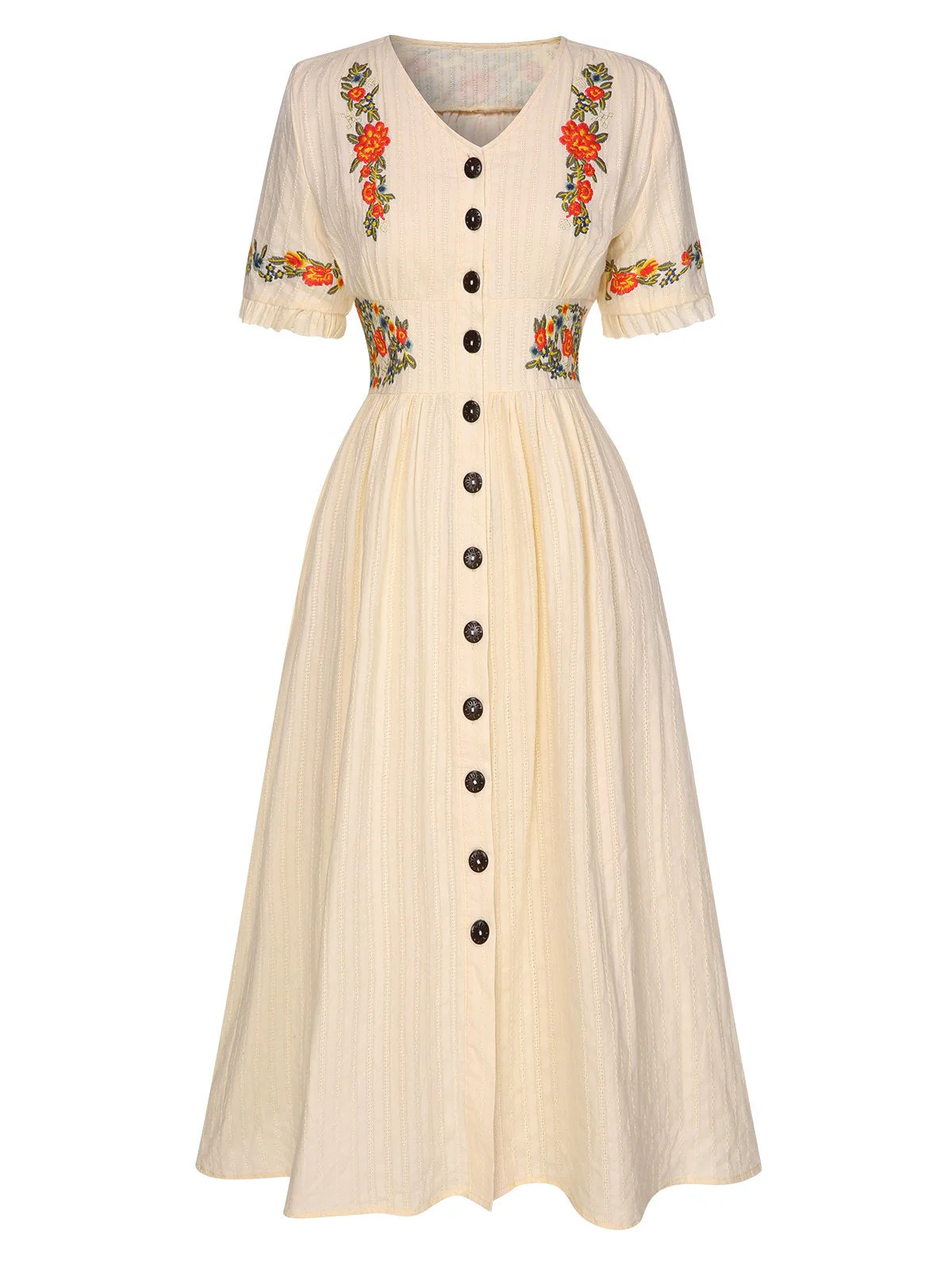 Beige 1940er V-Ausschnitt Knöpfen Blumen Kleid - Image 4