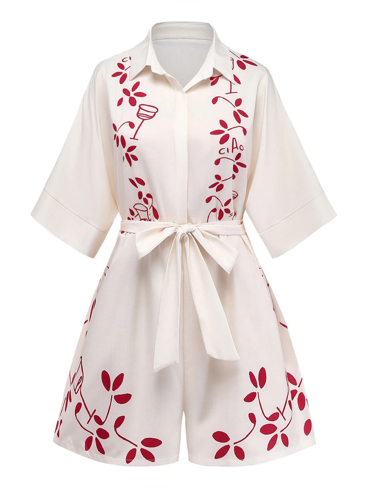 Beige 1950er Botanical Druck Revers Gürtel Romper - Image 2