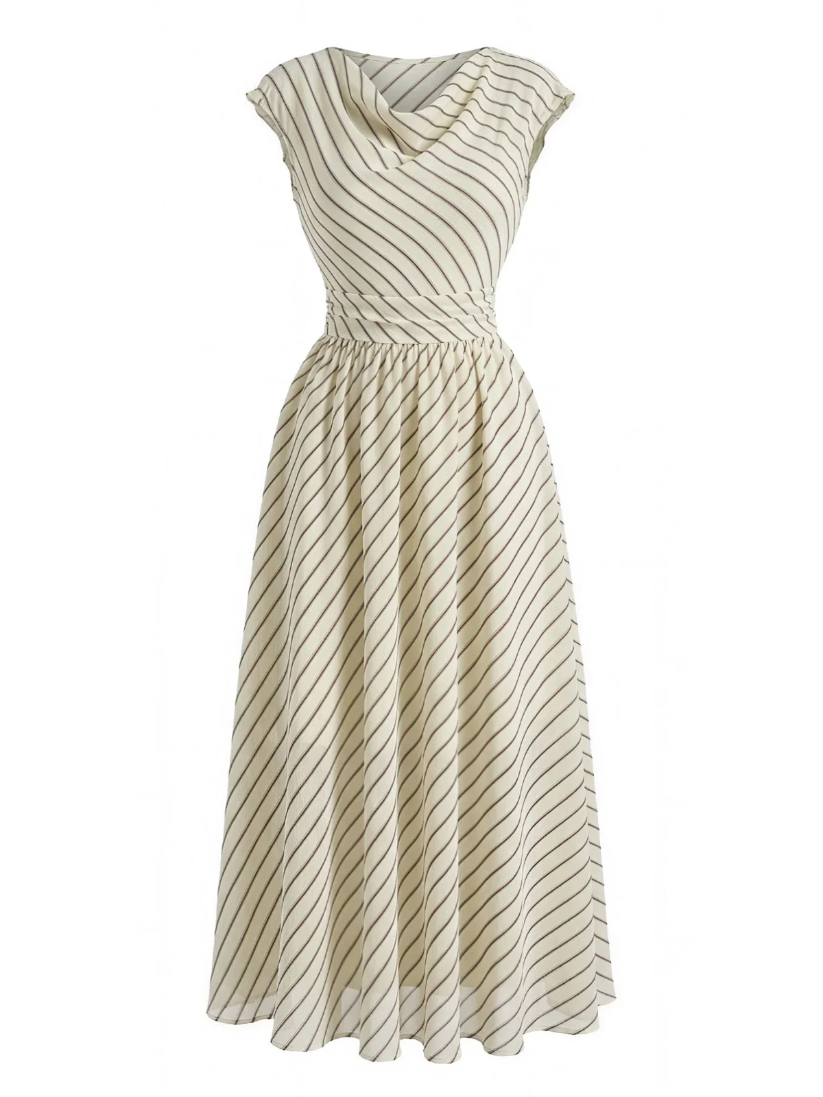 Beige 1950er Chiffon Streifen Wasserfallausschnitt Swing Kleid - Image 2