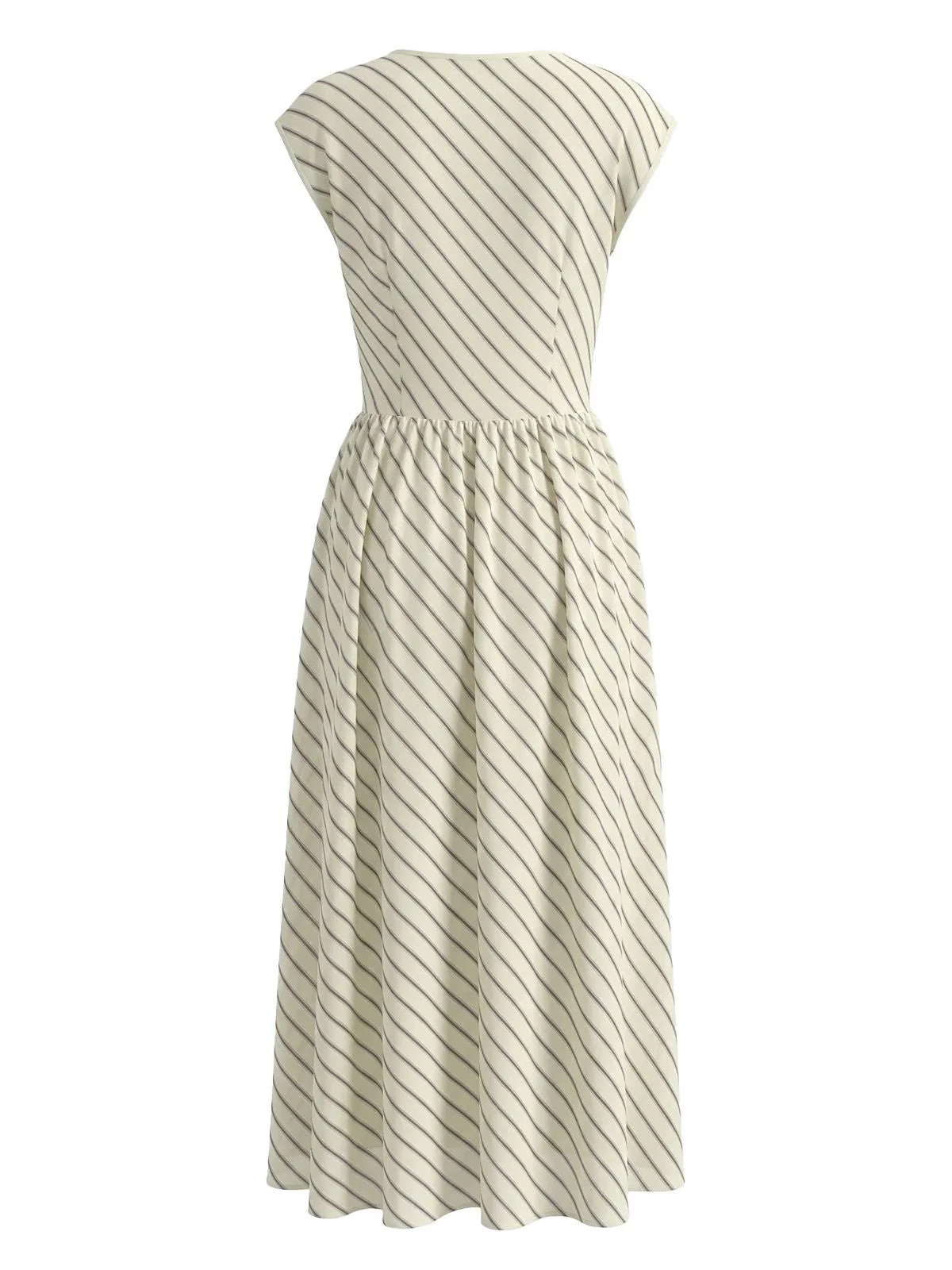 Beige 1950er Chiffon Streifen Wasserfallausschnitt Swing Kleid - Image 3