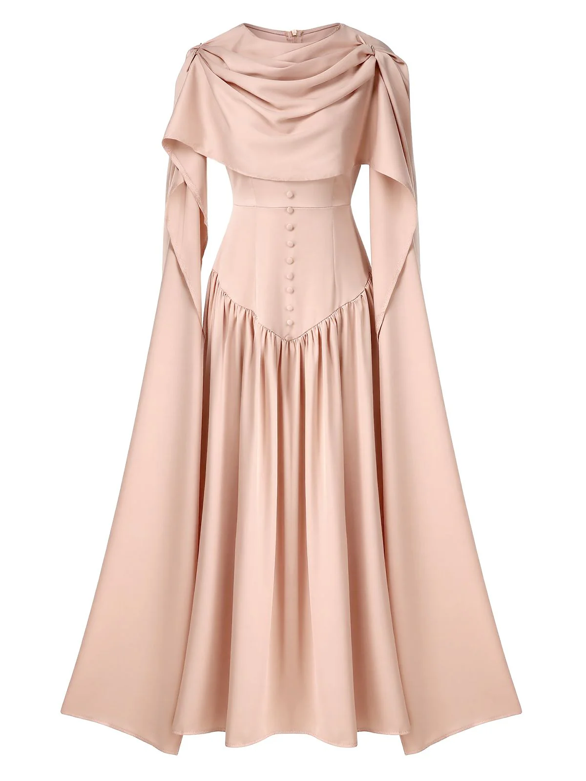 Beige 1950er Drapiert Renaissance Langarm Maxi Kleid - Image 2