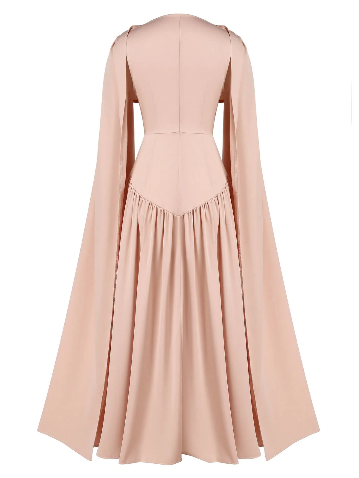 Beige 1950er Drapiert Renaissance Langarm Maxi Kleid - Image 3