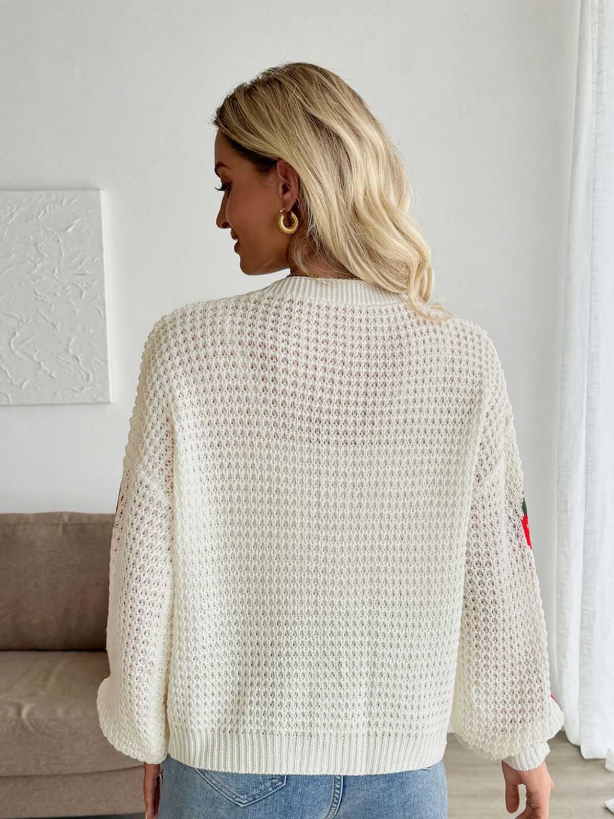 Beige 1950er Erdbeere Überschnittene Schulter Stricken Cardigan - Image 4