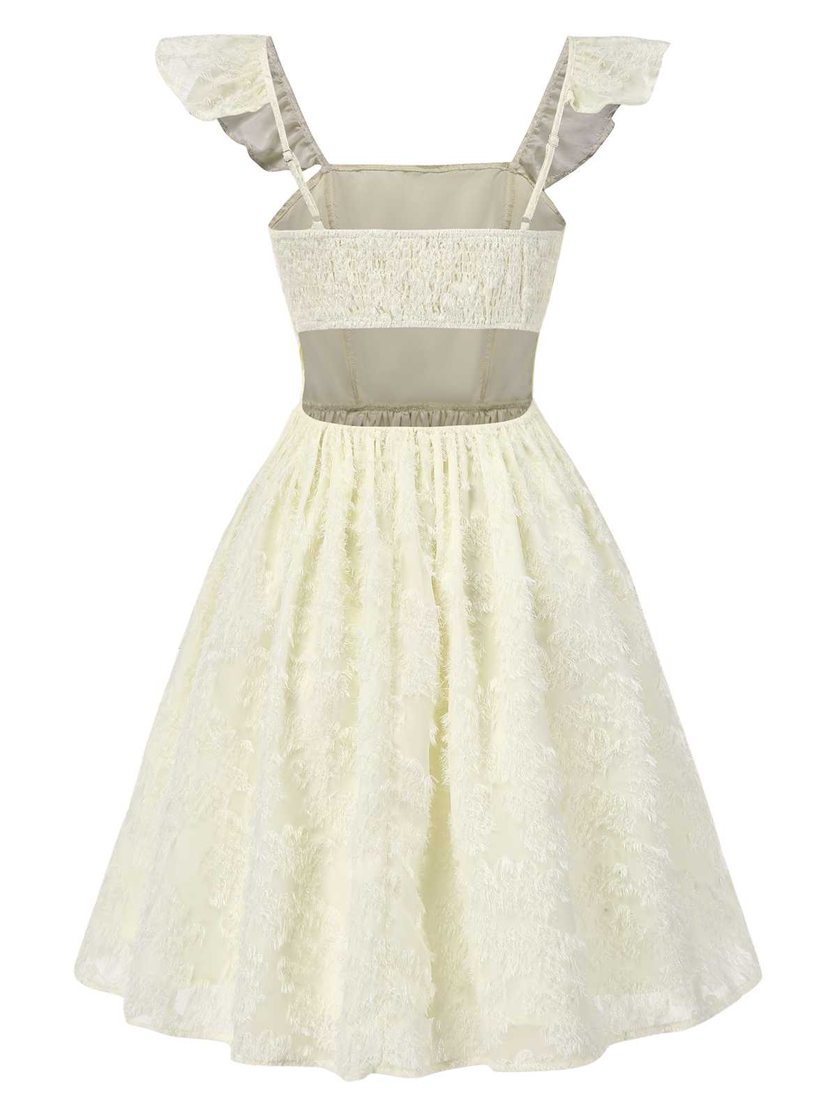 Beige 1950er Gurt Quadratischer Hals Rückenfrei Kleid - Image 2