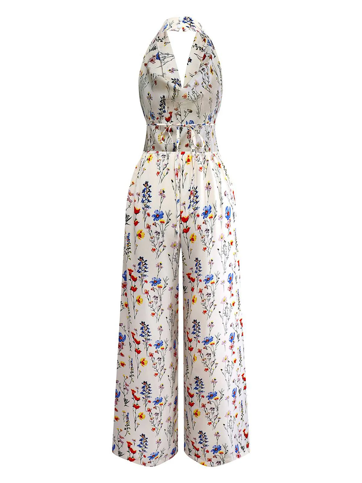 Beige 1950er Halter Blumen Rückenfrei Jumpsuit - Image 2