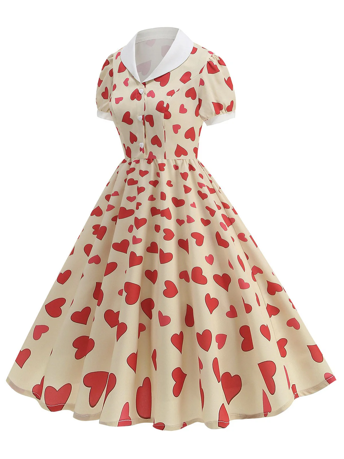 Beige 1950er Herzen Puffärmel Revers Kleid - Image 2