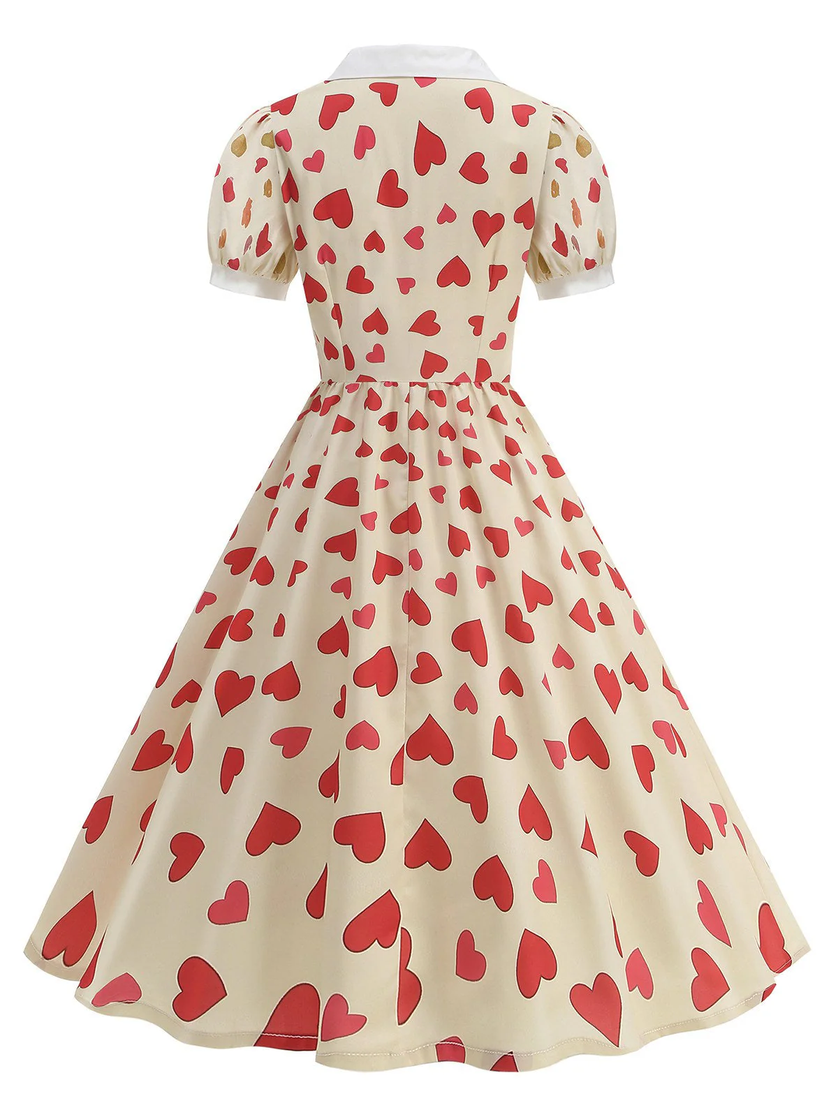 Beige 1950er Herzen Puffärmel Revers Kleid - Image 3