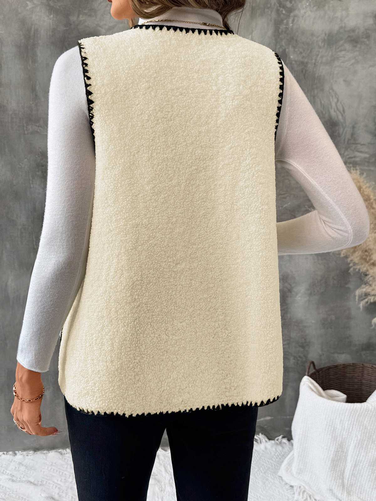 Beige 1950er Kunstwolle Einfassung Tasche Weste - Image 4