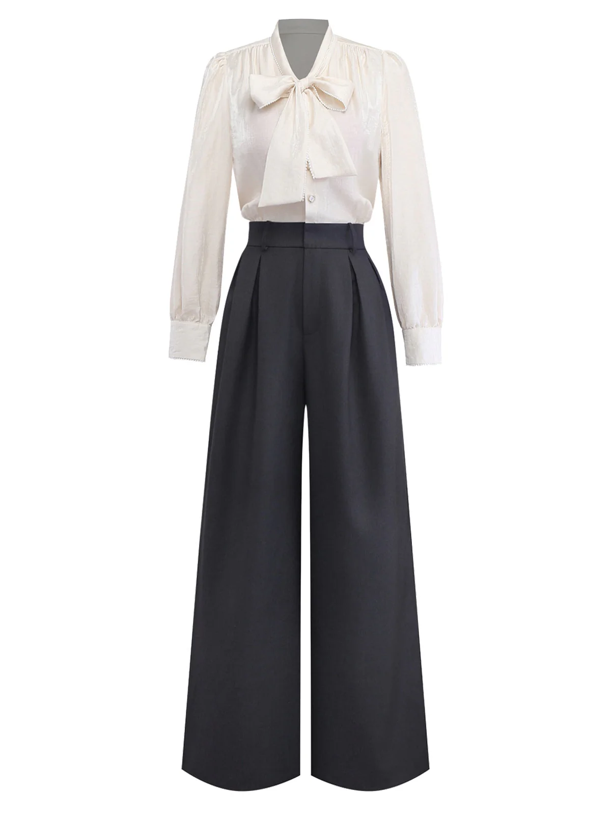 Beige 1950er Perlen Besetzt Bogen Bindhals Jumpsuit - Image 2