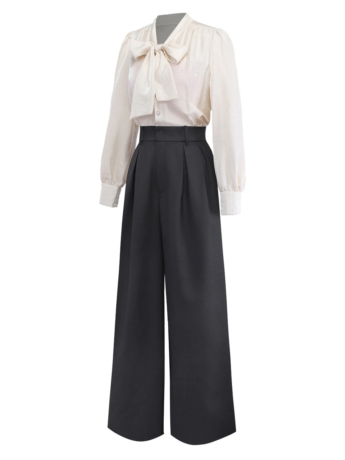 Beige 1950er Perlen Besetzt Bogen Bindhals Jumpsuit - Image 3
