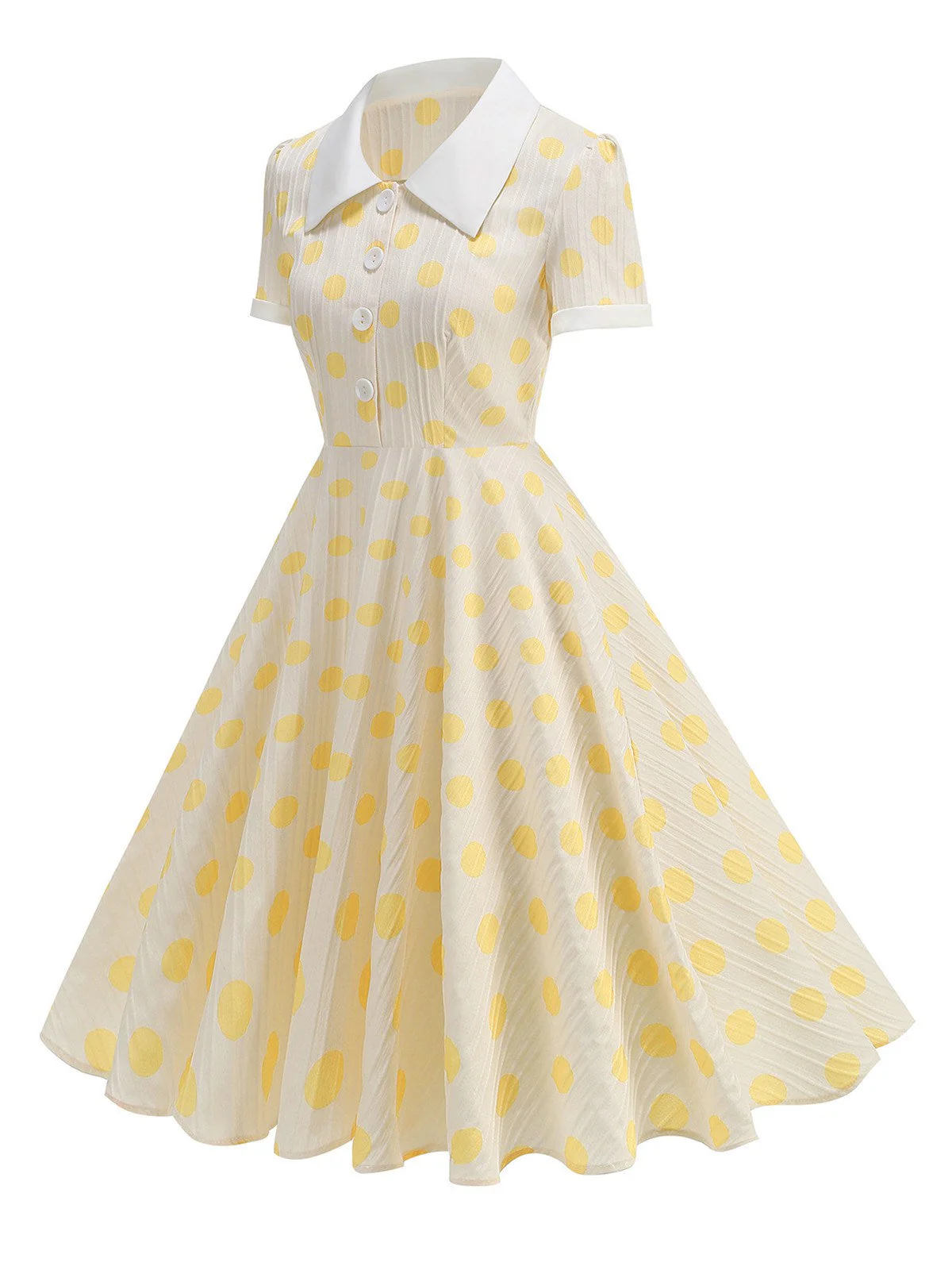 Beige 1950er Polka Dots Revers Tasten Kleid - Image 2