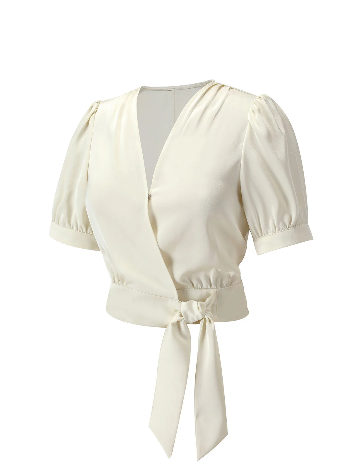 Beige 1950er Satin Puffärmeln V-Ausschnitt Bluse - Image 3