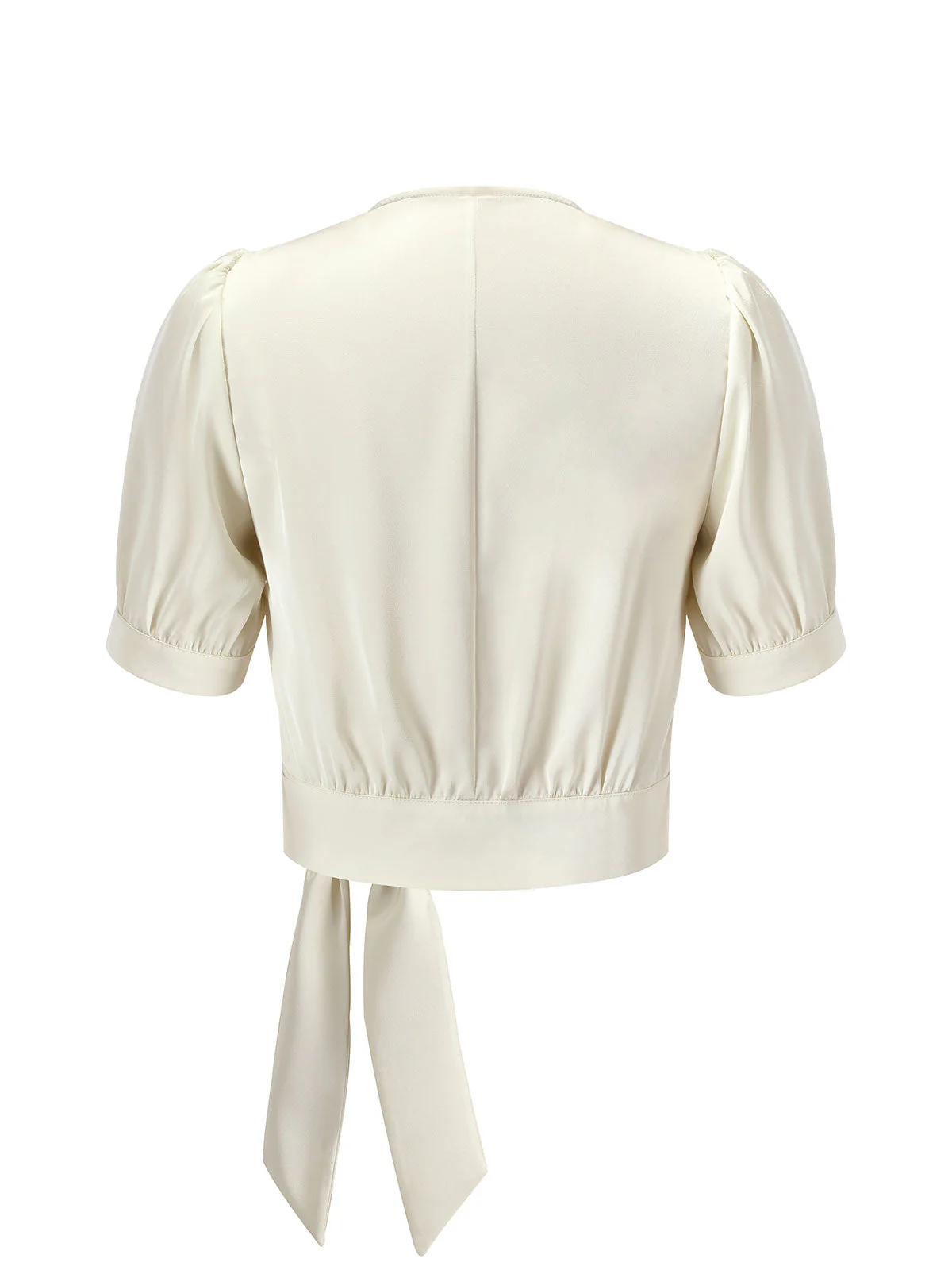 Beige 1950er Satin Puffärmeln V-Ausschnitt Bluse - Image 4