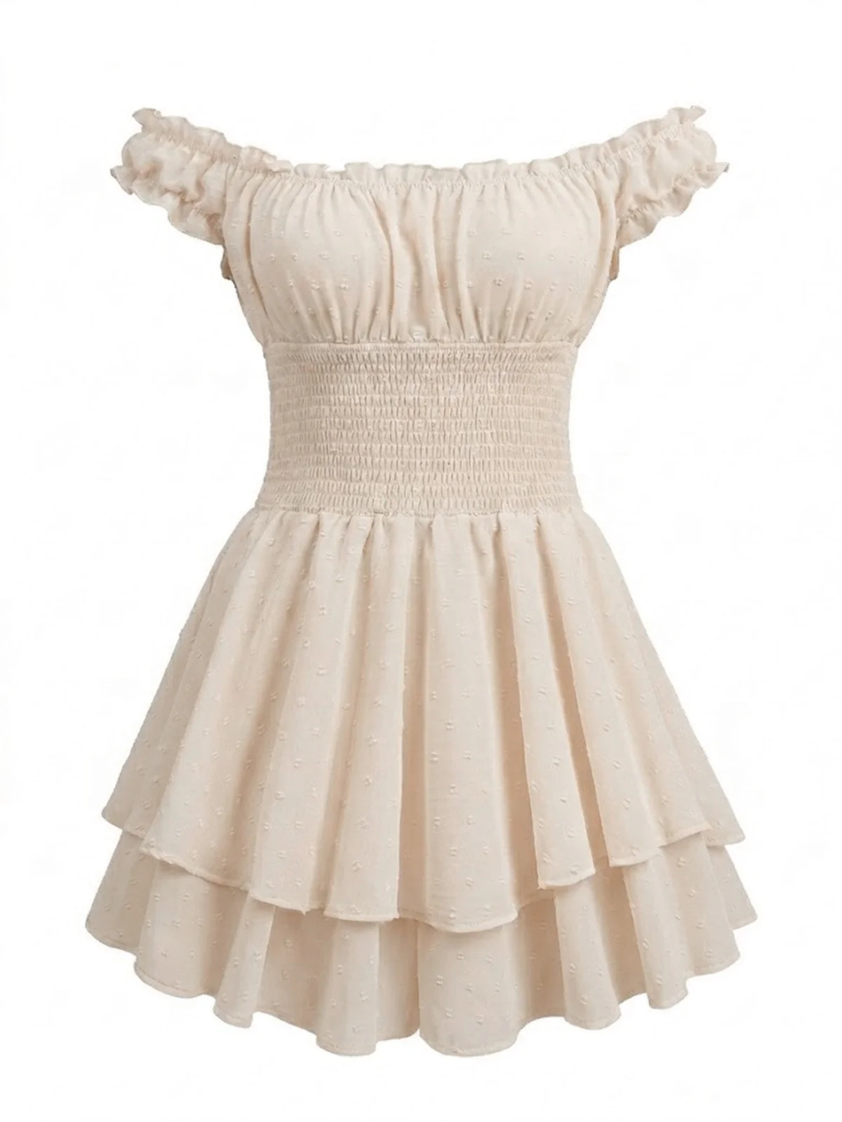 Beige 1950er Schulterfrei Gesmokt Gestuft Rüschen Romper - Image 2