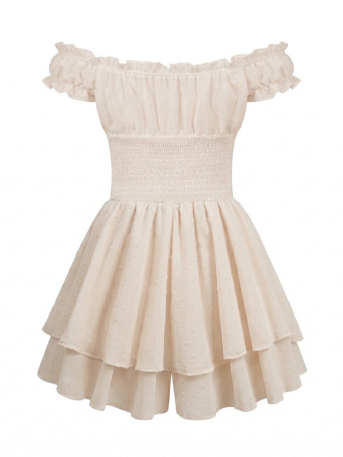 Beige 1950er Schulterfrei Gesmokt Gestuft Rüschen Romper - Image 3